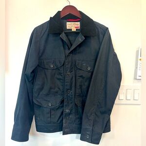 Filson, vintage, tin cloth barn coat. Waxed cotton, navy blue. Small